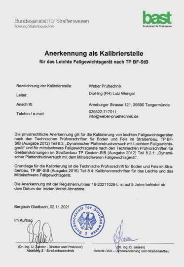 Anerkennung Kalibrierstelle WEBER Prüftechnik